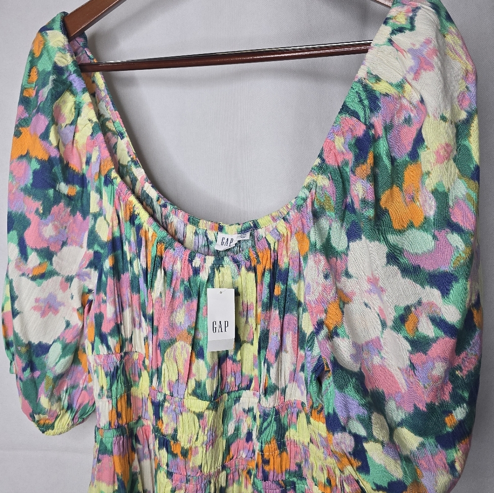 Gap Smocked Waist Dress Puff Sleeve Floral Multicolor Above Knee 2XL - Picture 3 of 10